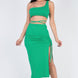 Sexy Solid Color One Shoulder Crop Top & Drawstring Ruched Crisscross Tie Back Side Slit Hem Skirt Set