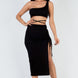 Sexy Solid Color One Shoulder Crop Top & Drawstring Ruched Crisscross Tie Back Side Slit Hem Skirt Set