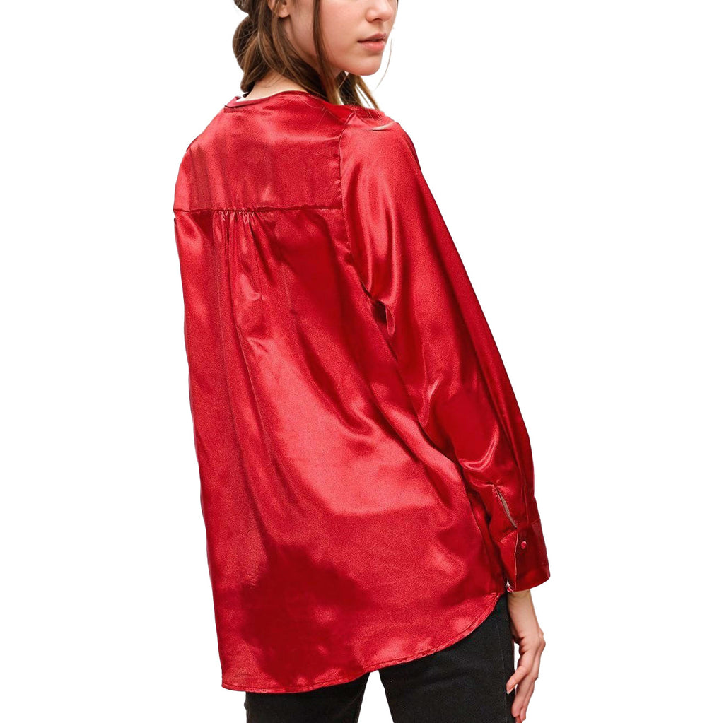 Pleione Women's Charmuese Contrast Cross Front Blouse in Red