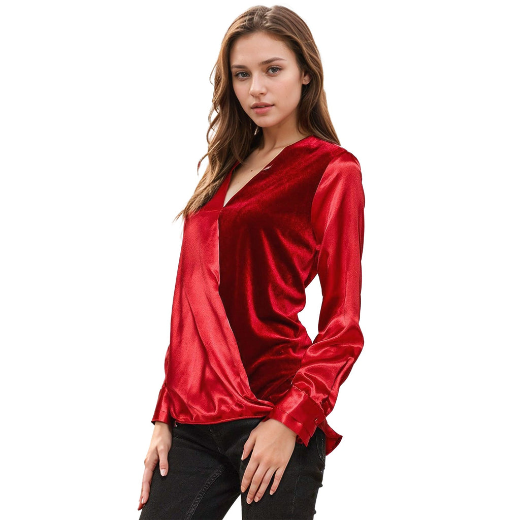 Pleione Women's Charmuese Contrast Cross Front Blouse in Red