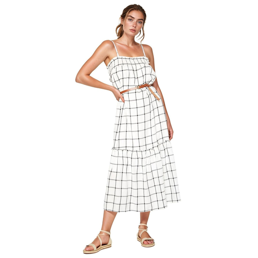 Pleione Women's Grid Print Smocked Maxi Dress In Ivory