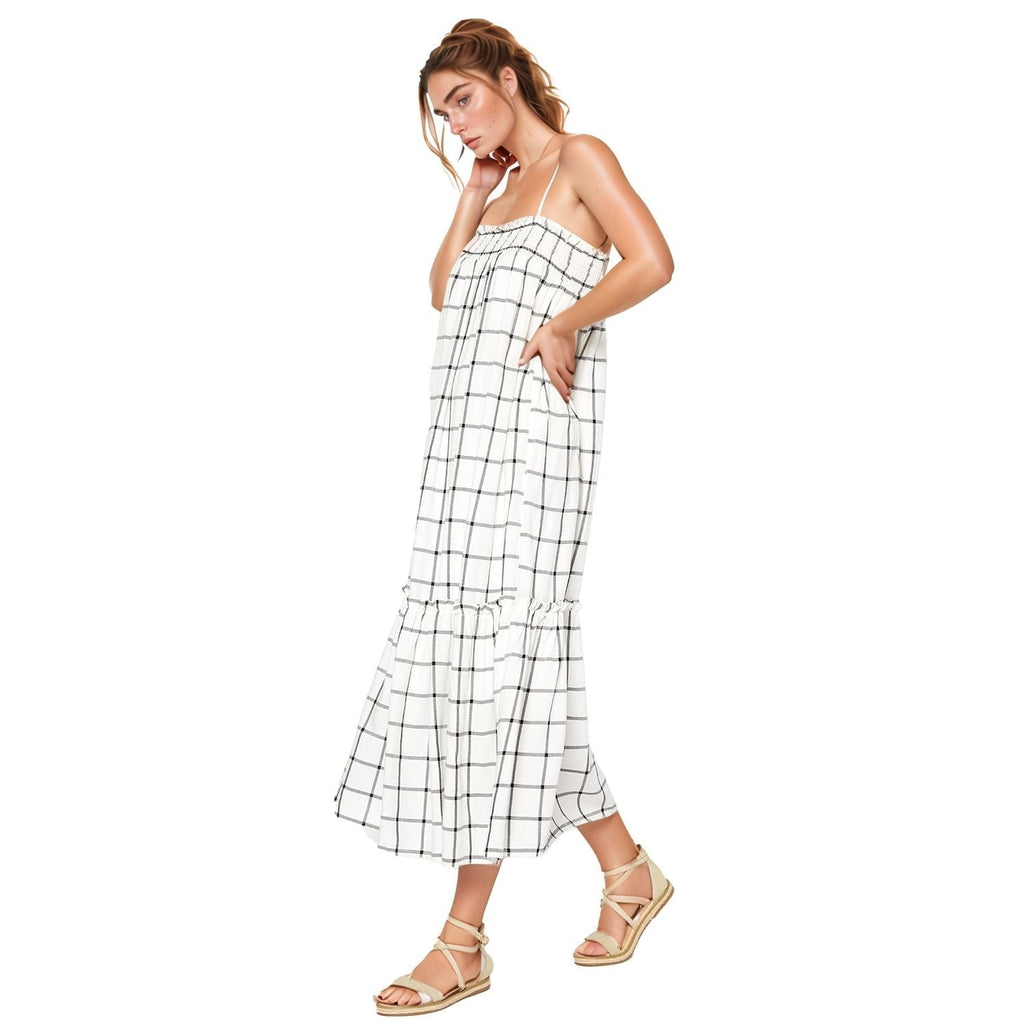 Pleione Women's Grid Print Smocked Maxi Dress In Ivory
