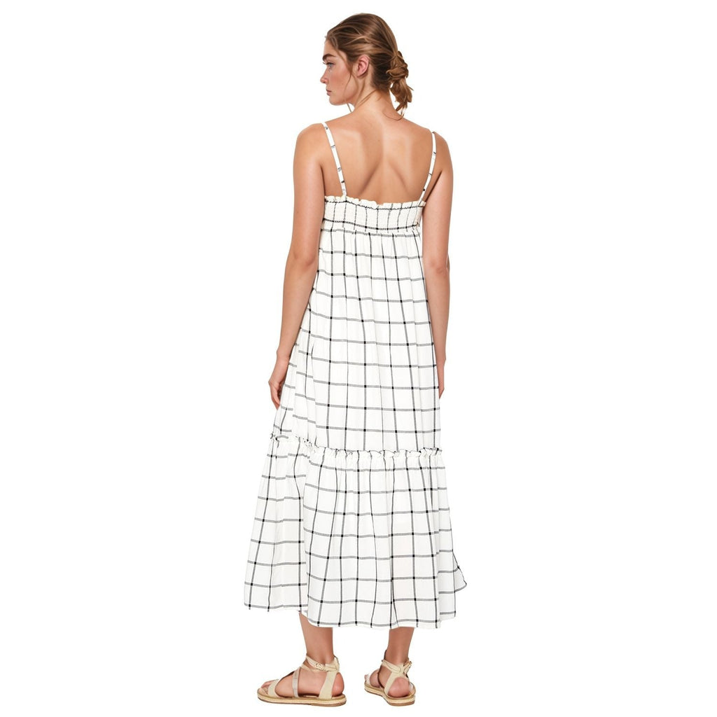 Pleione Women's Grid Print Smocked Maxi Dress In Ivory