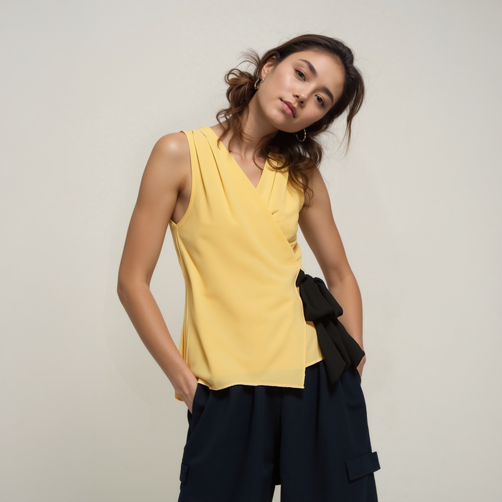 Pleione Pleated Wrapped Side Tie Blouse In Yellow