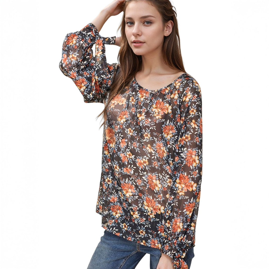 Pleione Women's Sheer Printed Blouse With Self-Tie Sleeve