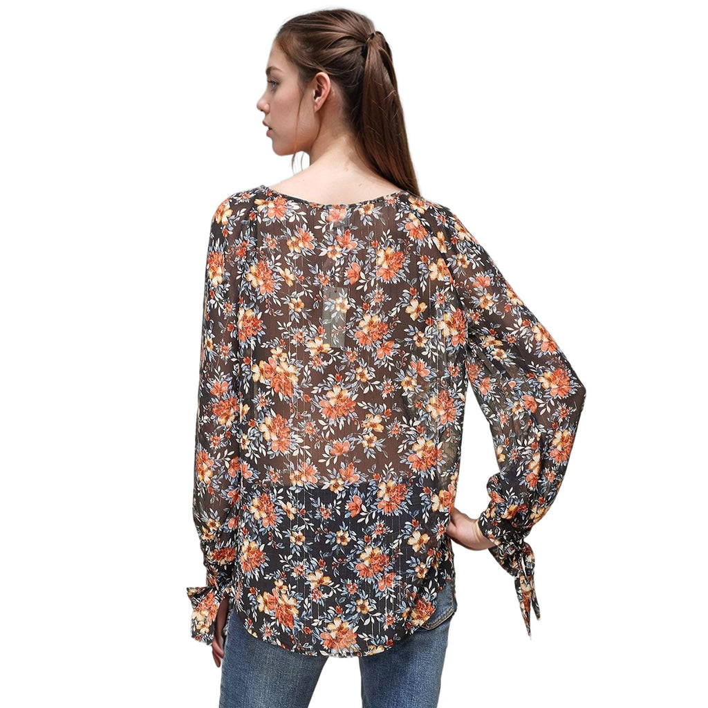 Pleione Women's Sheer Printed Blouse With Self-Tie Sleeve