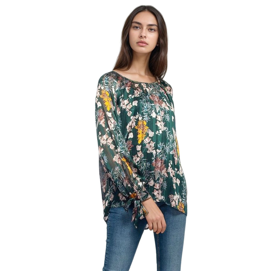 Pleione Women's Sheer Printed Blouse With Self-Tie Sleeve