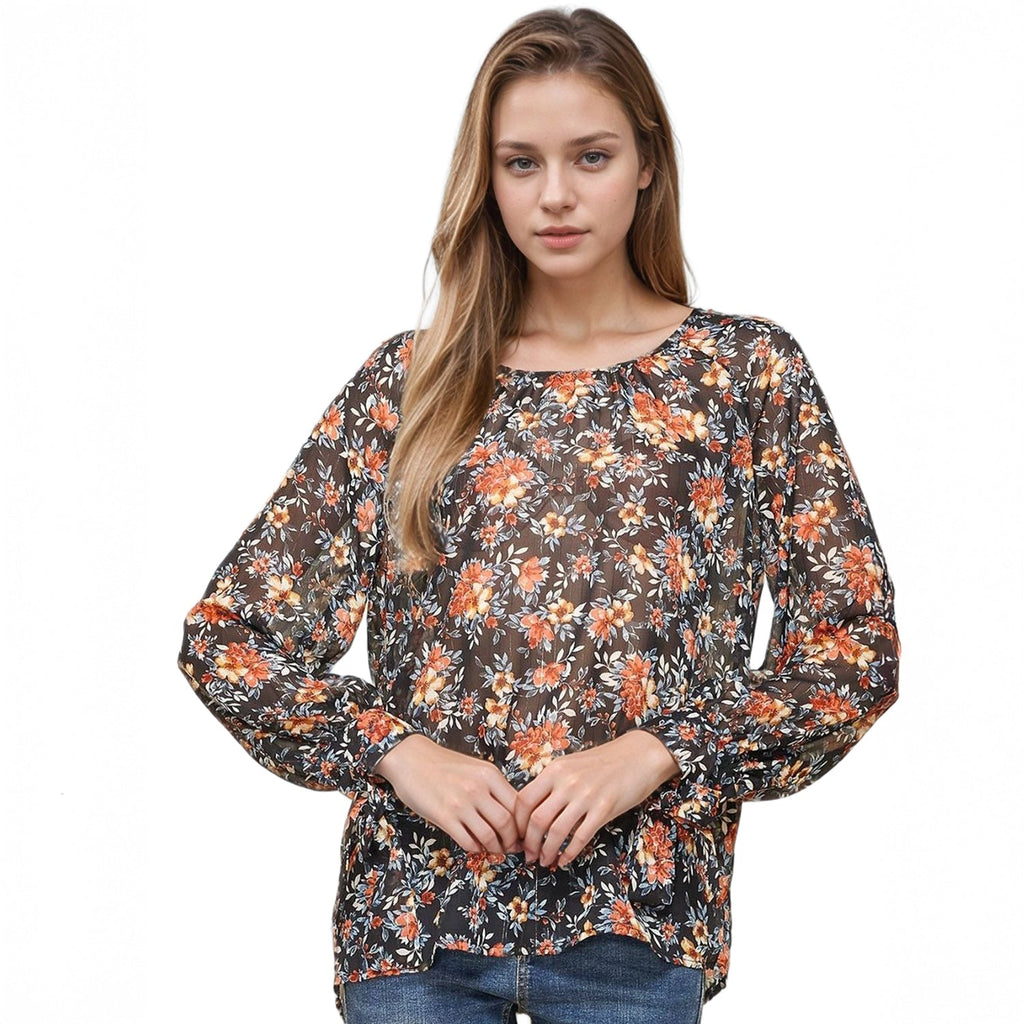 Pleione Women's Sheer Printed Blouse With Self-Tie Sleeve