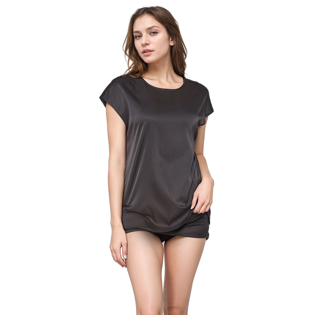 N/A Pleione Women's Satin Short Sleeve Hi-Lo Round Hem Top