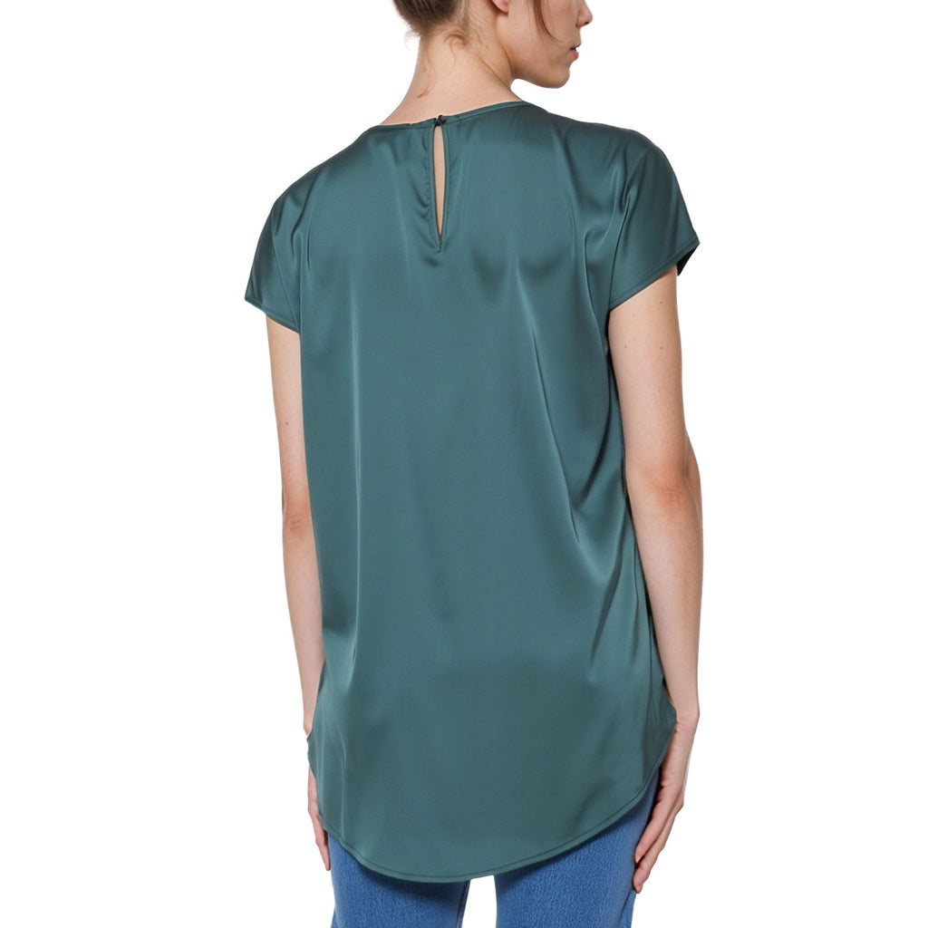 N/A Pleione Women's Satin Short Sleeve Hi-Lo Round Hem Top