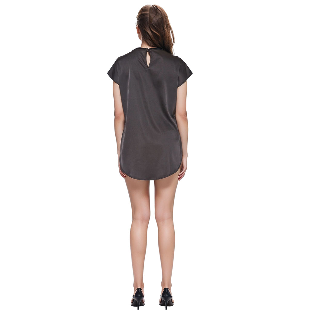 N/A Pleione Women's Satin Short Sleeve Hi-Lo Round Hem Top