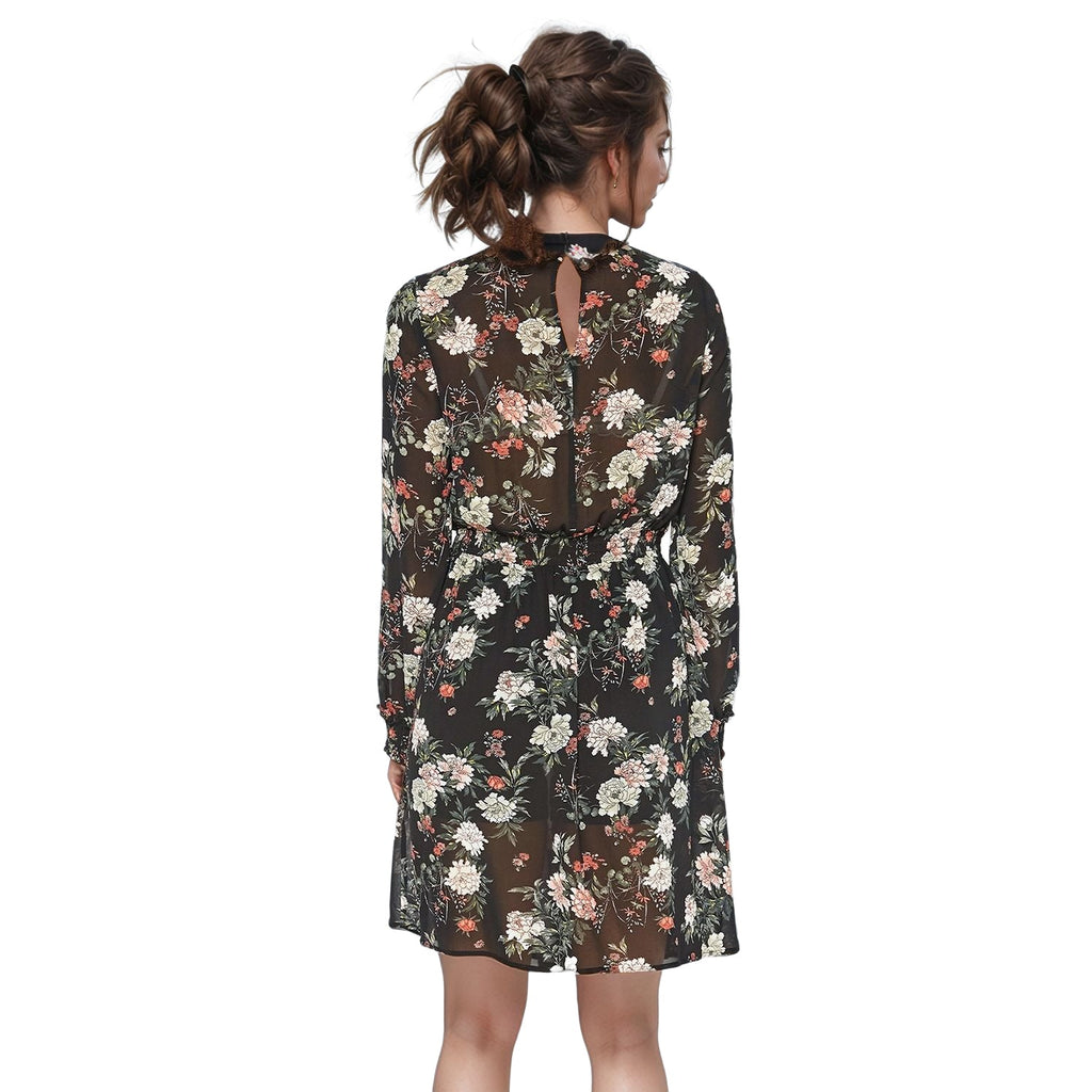 Pleione Floral Smocked Mock Neck Dress in Black