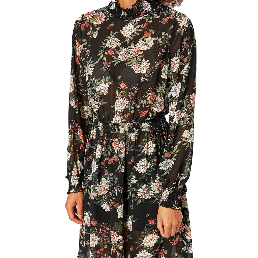 Pleione Floral Smocked Mock Neck Dress in Black