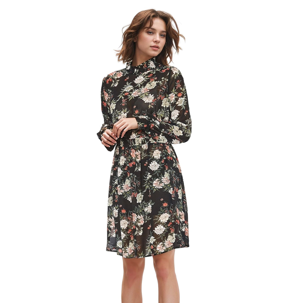 Pleione Floral Smocked Mock Neck Dress in Black