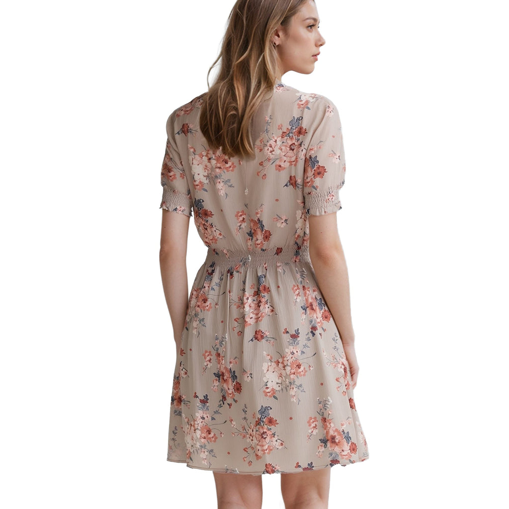 Pleione Floral Smocked Mock Neck Dress in Cream
