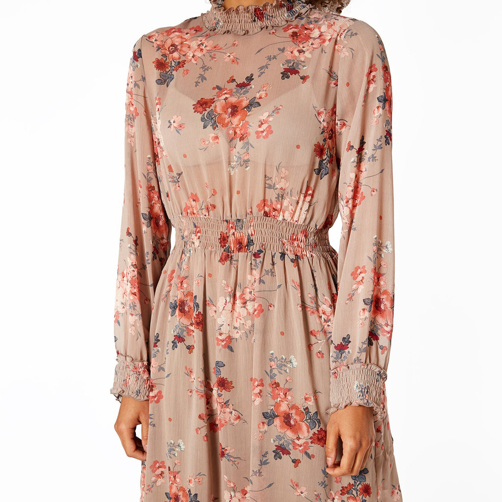 Pleione Floral Smocked Mock Neck Dress in Cream