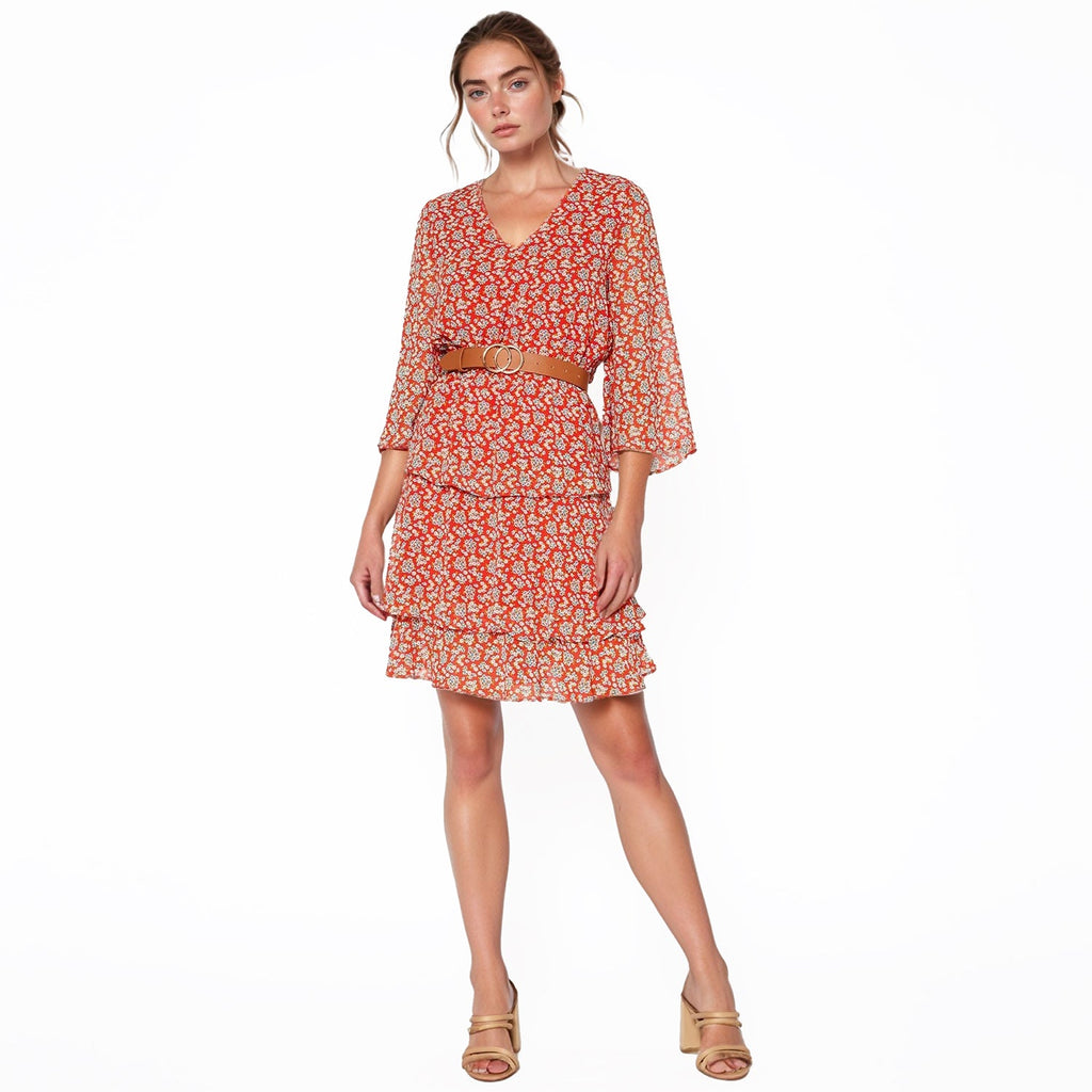 Pleione Floral Layered Ruffle Chiffon Dress In Red