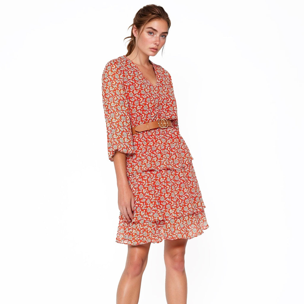 Pleione Floral Layered Ruffle Chiffon Dress In Red