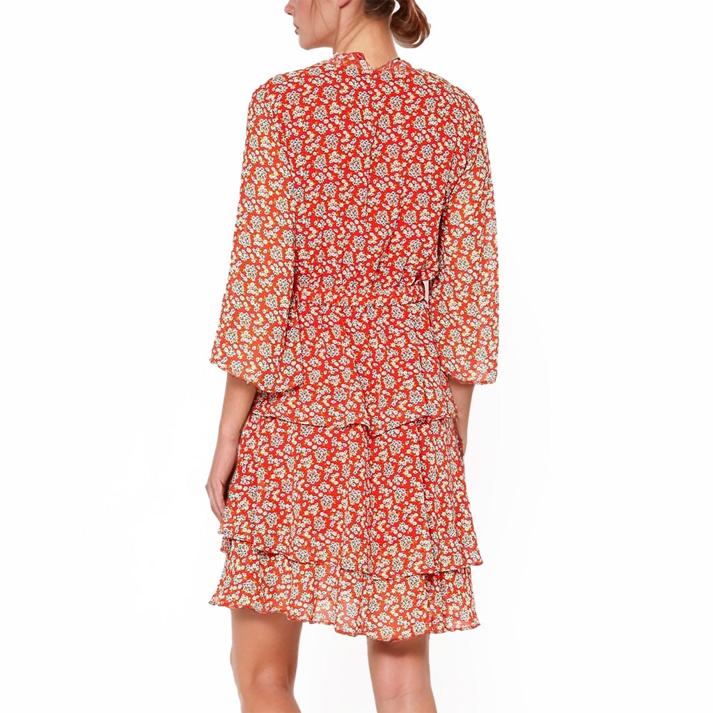 Pleione Floral Layered Ruffle Chiffon Dress In Red