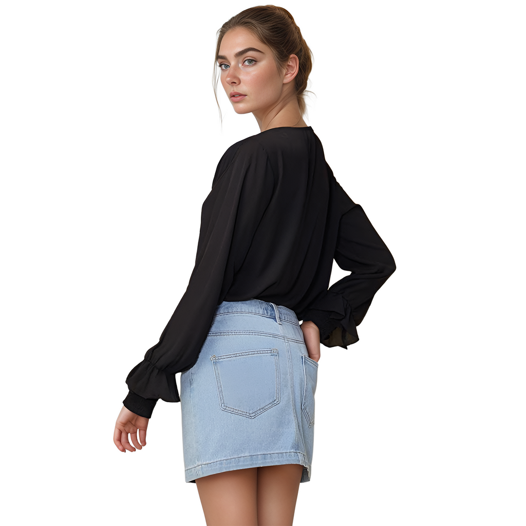 Pleione Women's Round Neck Smocked Ruffle Cuff Top