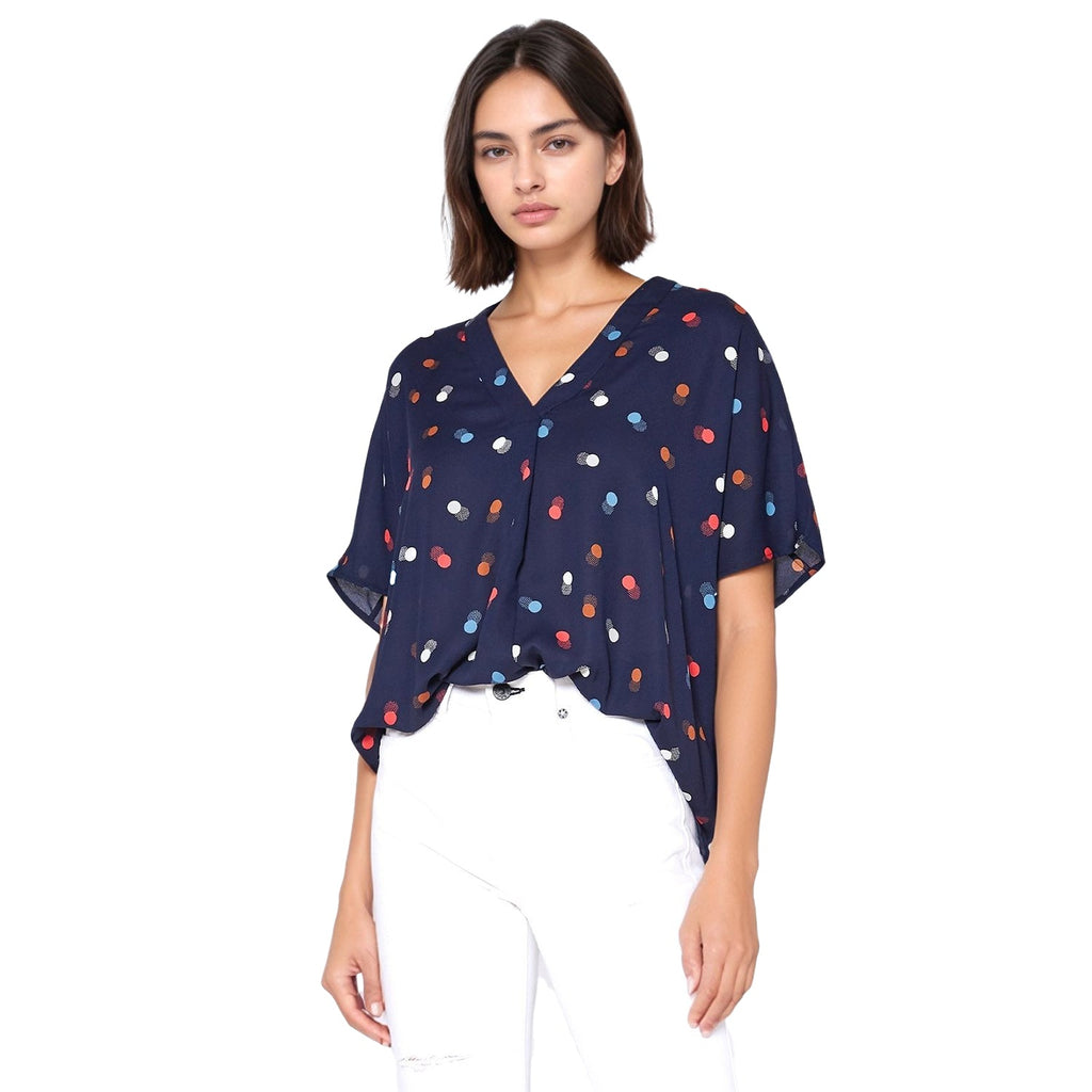 Pleione Hi-Lo Dolman Short Sleeve V-neck Blouse