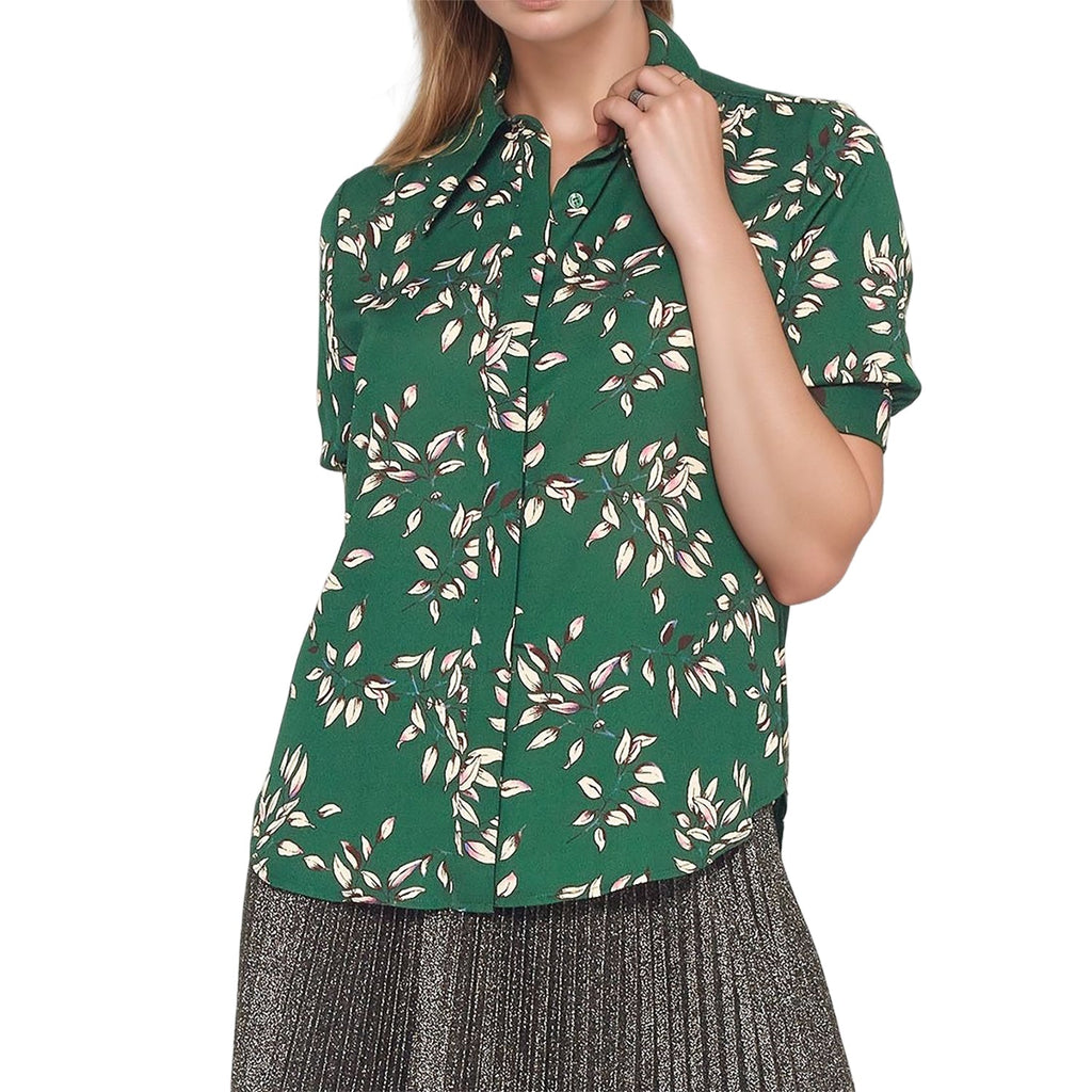 Pleione Button Up Short Sleeve Cuffed Blouse In Green Forest