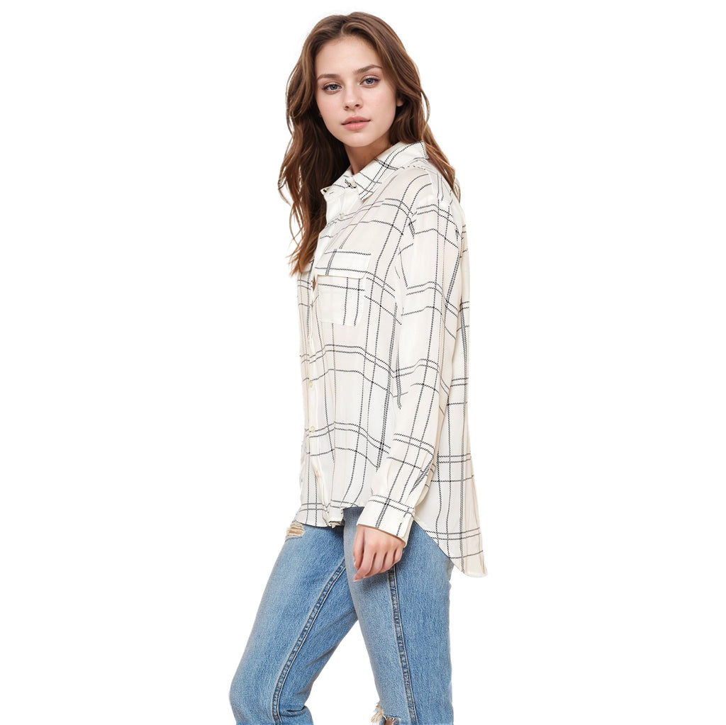 Pleione Printed Low Back Button Shirt in White