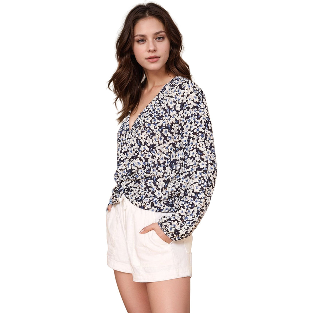Pleione Women's V-neck Blossom Top in Navy