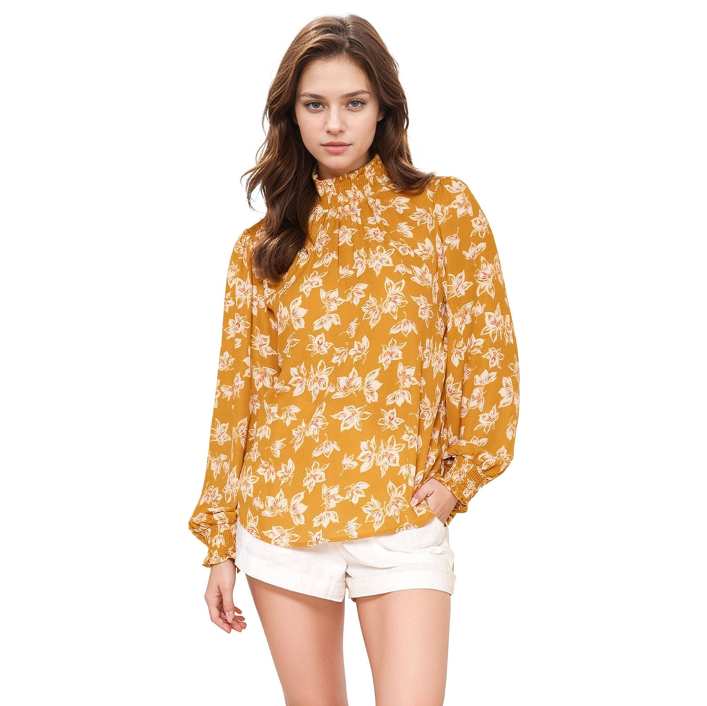 Pleione Women's Smocked Neck Top in Floral Mustard