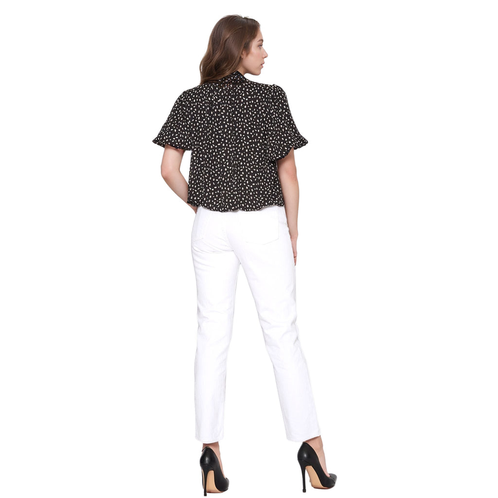 Pleione V-Neck Short Sleeve Bubble Hem Top in Black