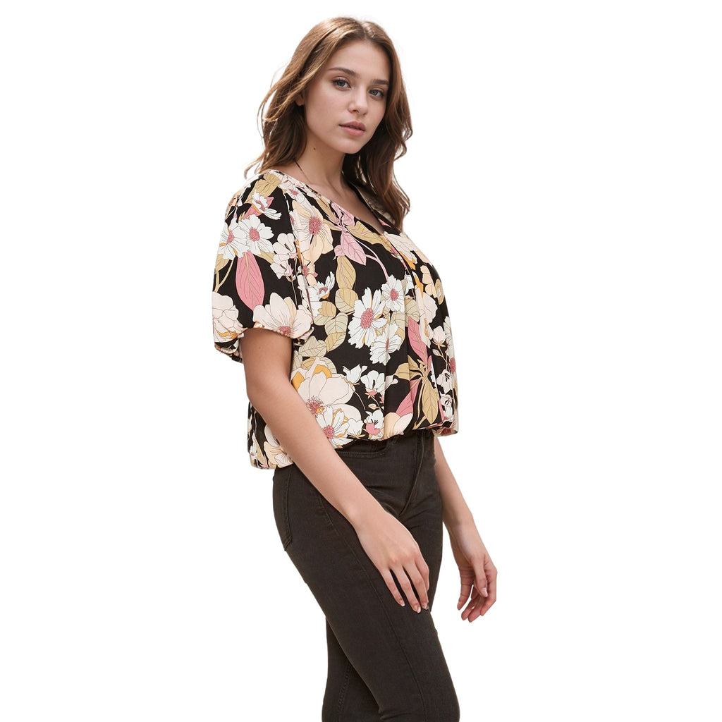Pleione V-Neck Short Sleeve Bubble Hem Top in Multi