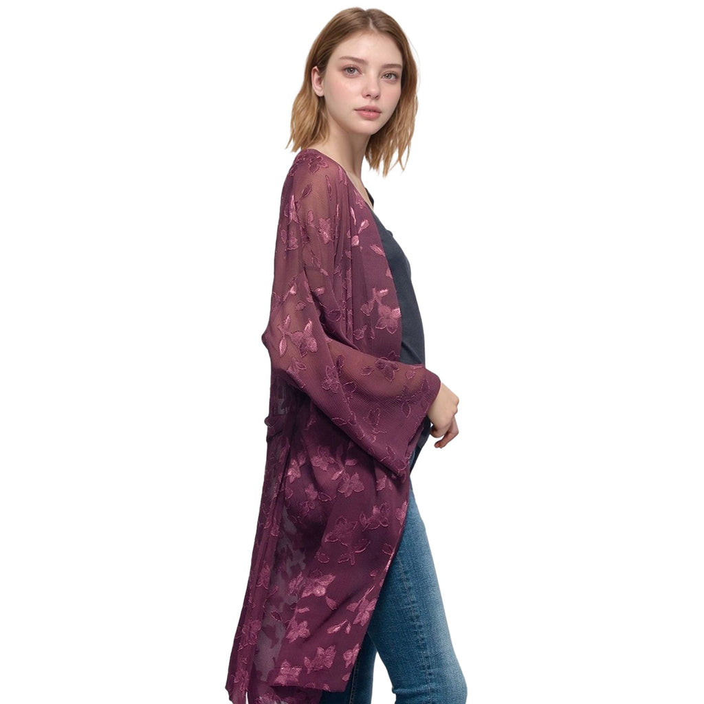 Pleione Women's Sheer Floral Embossed Robe Cardigan in Wine
