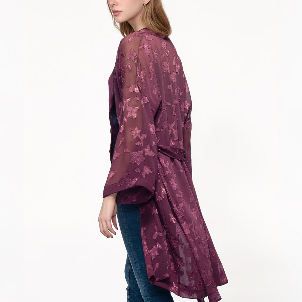 Pleione Women's Sheer Floral Embossed Robe Cardigan in Wine