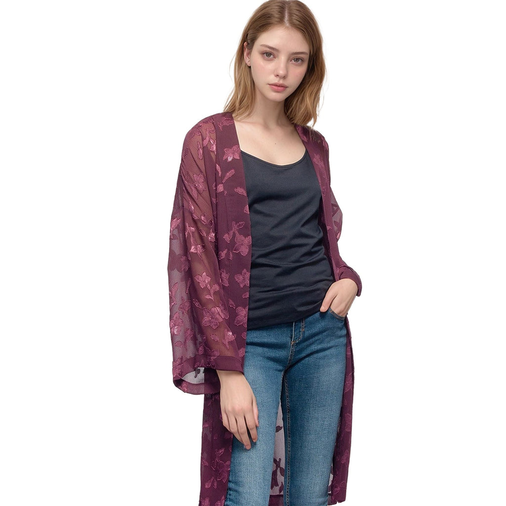 Pleione Women's Sheer Floral Embossed Robe Cardigan in Wine