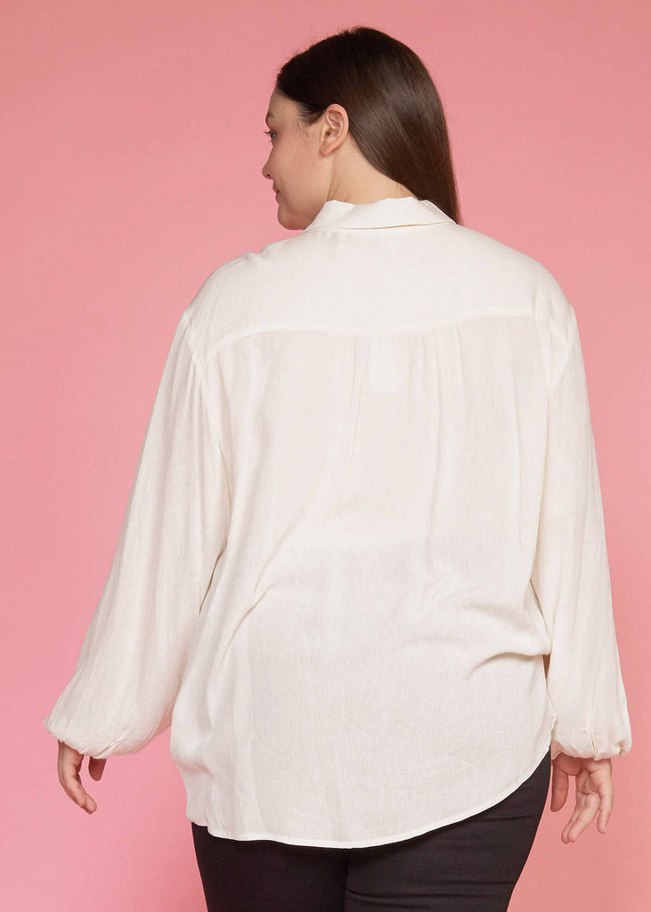 N/A Pleione Plus Size Pleated Tie Hem Button Down Blouse in Ivory