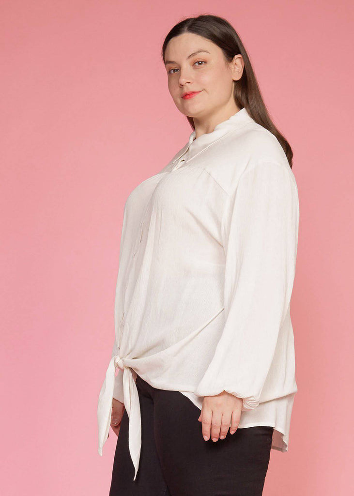 N/A Pleione Plus Size Pleated Tie Hem Button Down Blouse in Ivory