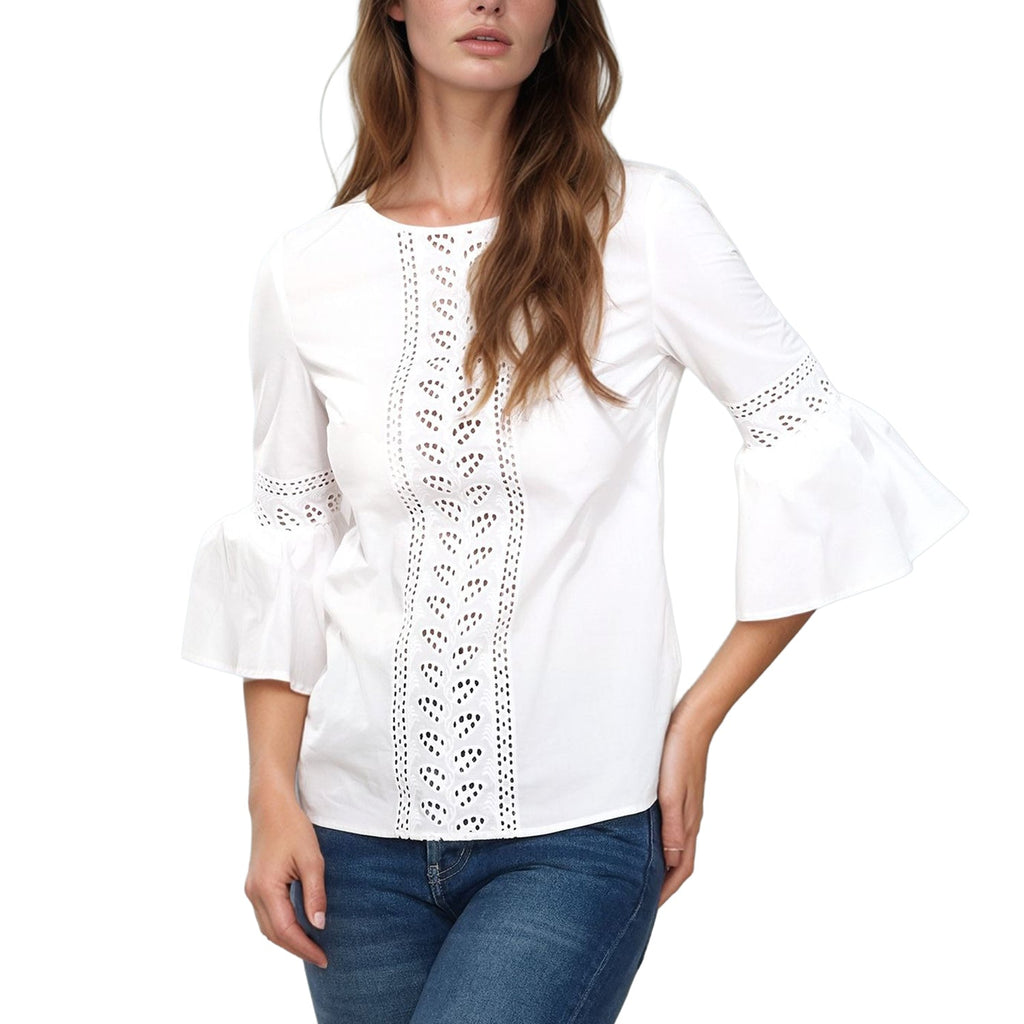 Pleione Women's Bell Sleeve Lace Trim Cutout Top In White