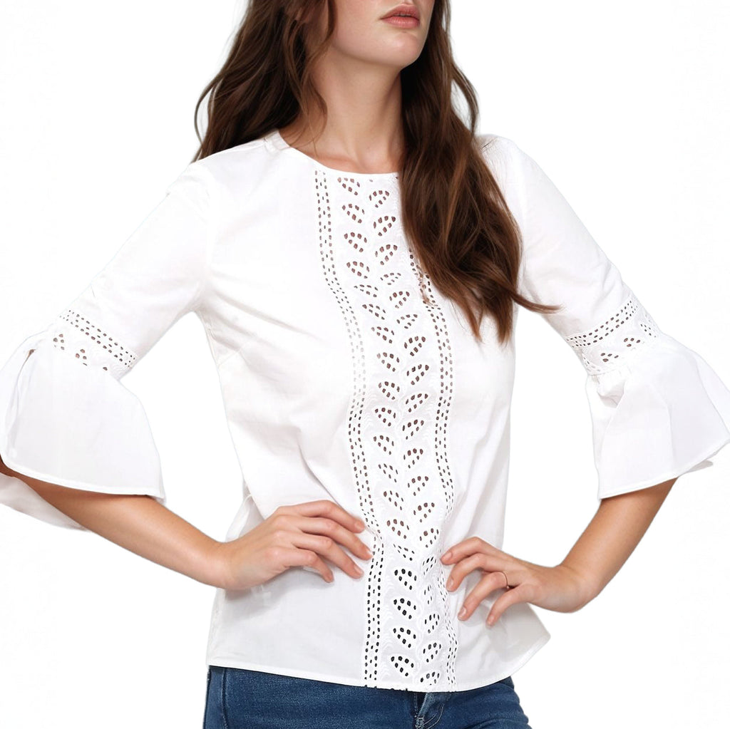 Pleione Women's Bell Sleeve Lace Trim Cutout Top In White