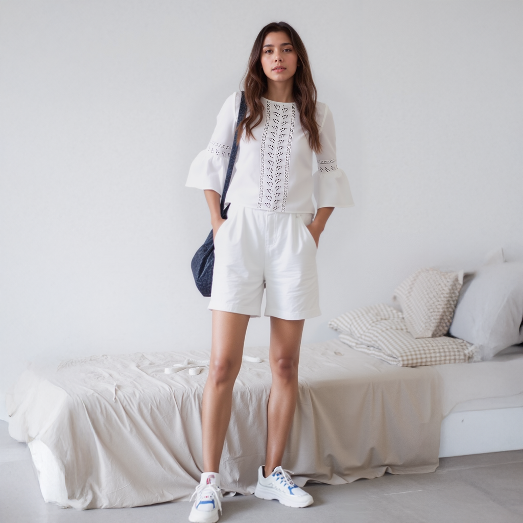 Pleione Women's Bell Sleeve Lace Trim Cutout Top In White