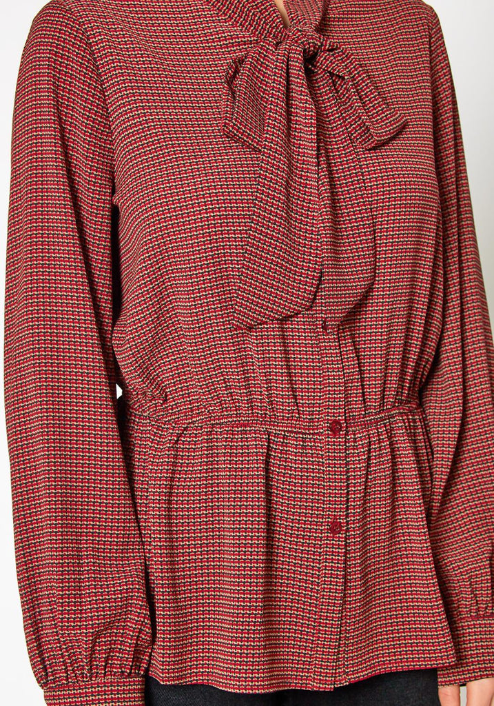 Pleione Tie Neck Button Down Peplum Blouse in Wallpaper