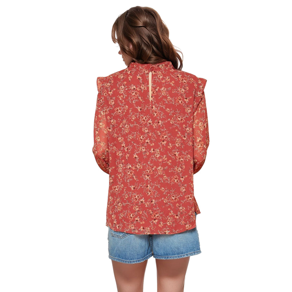 Pleione Long Sleeve Ruffle Blouse Top in Rust Floral