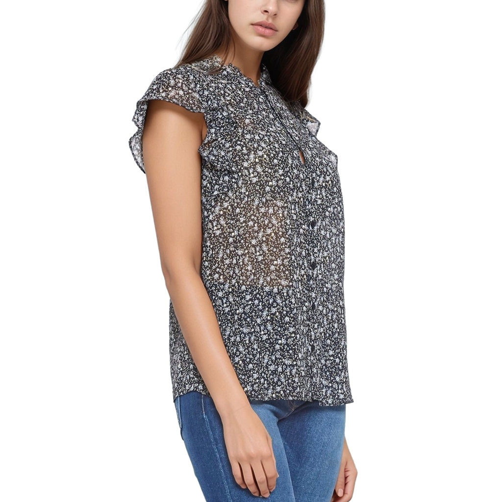 Pleione Women's Sheer Ruffle Button Front Blouse