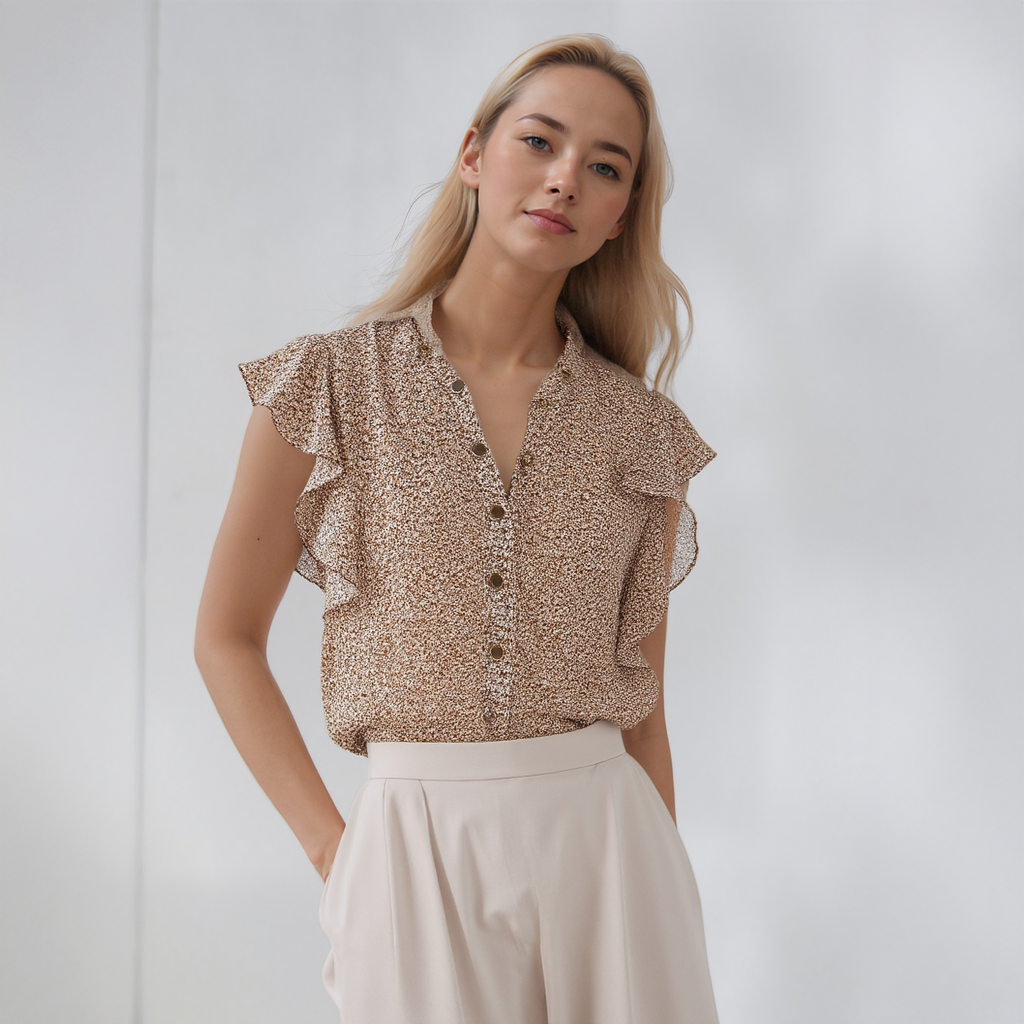 Pleione Women's Sheer Ruffle Button Front Blouse