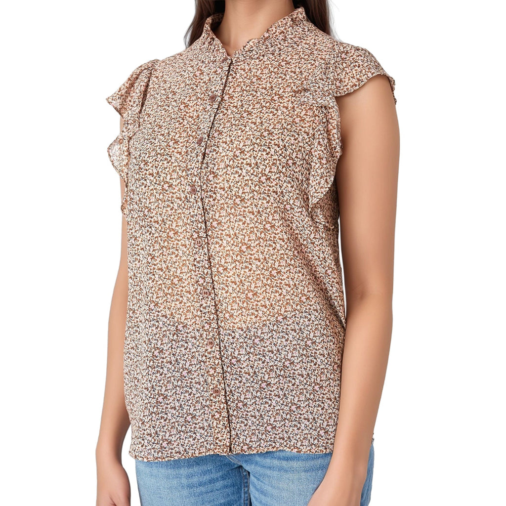 Pleione Women's Sheer Ruffle Button Front Blouse