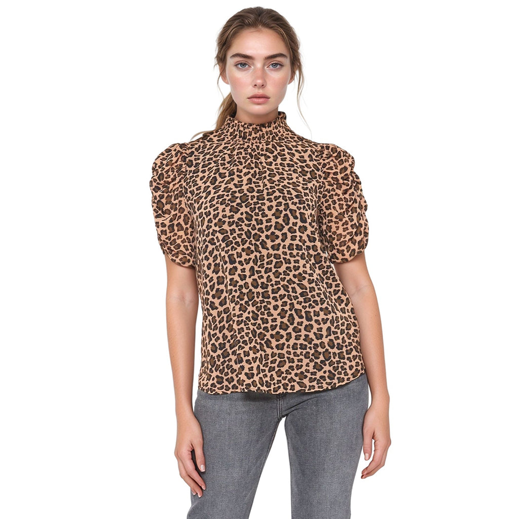 Pleione Women'Ruched Short Sleeve Smocked Mock Neck Top