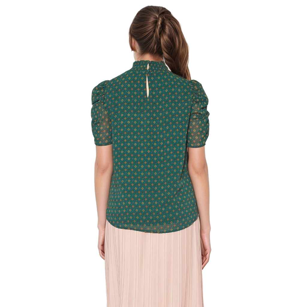 Pleione Women'Ruched Short Sleeve Smocked Mock Neck Top