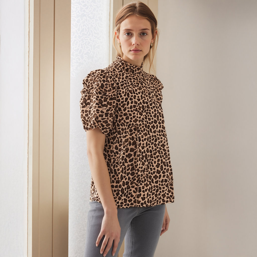 Pleione Women'Ruched Short Sleeve Smocked Mock Neck Top