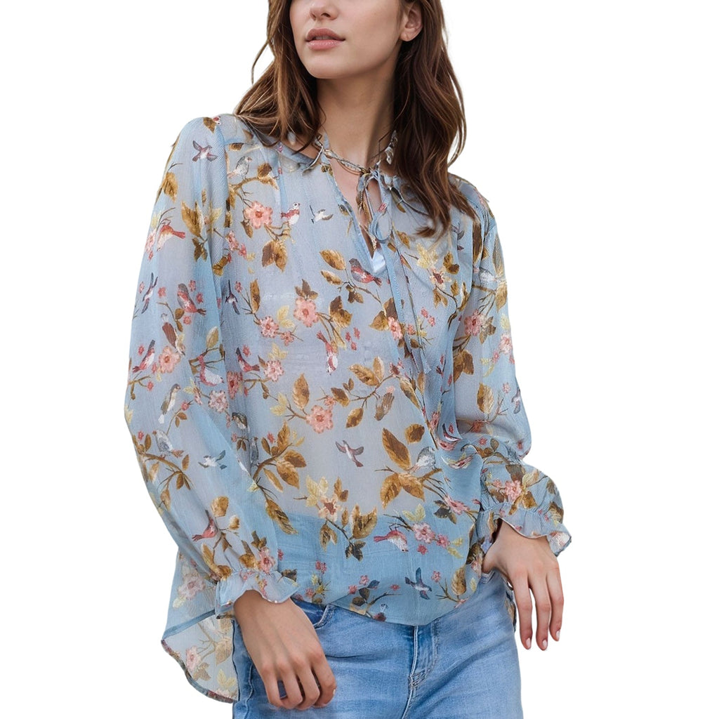 Pleione Ruffle Tie Neck Floral Blouse In Blue