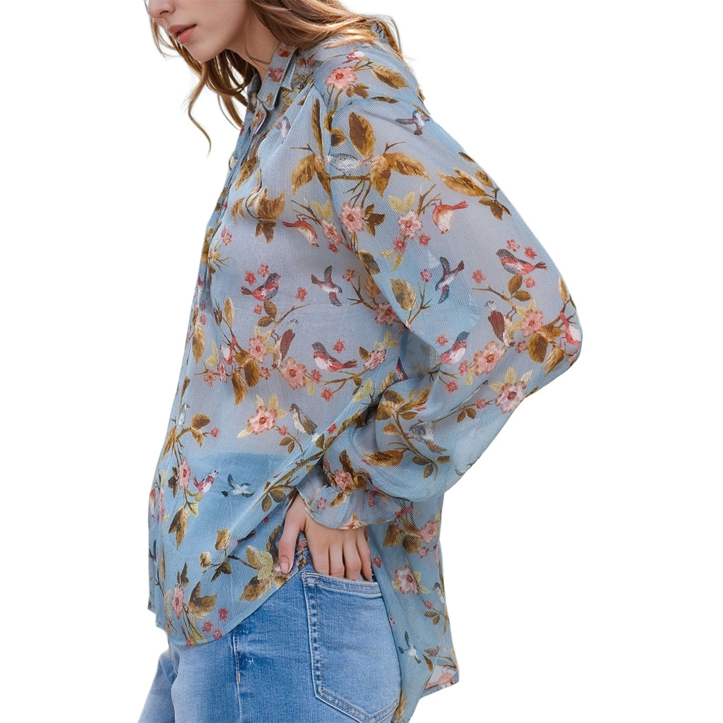 Pleione Ruffle Tie Neck Floral Blouse In Blue
