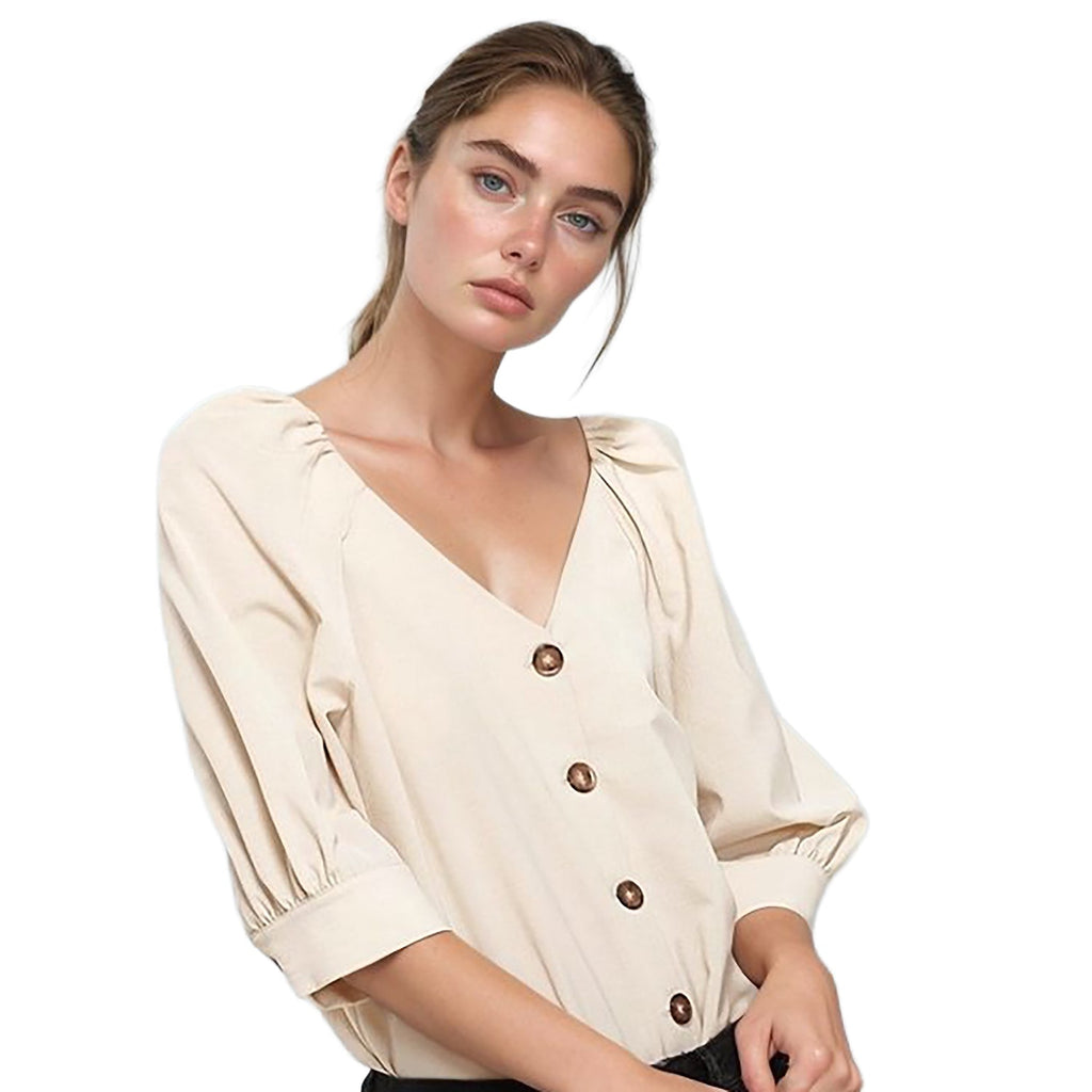 Pleione Puff Shoulder Button Down Blouse